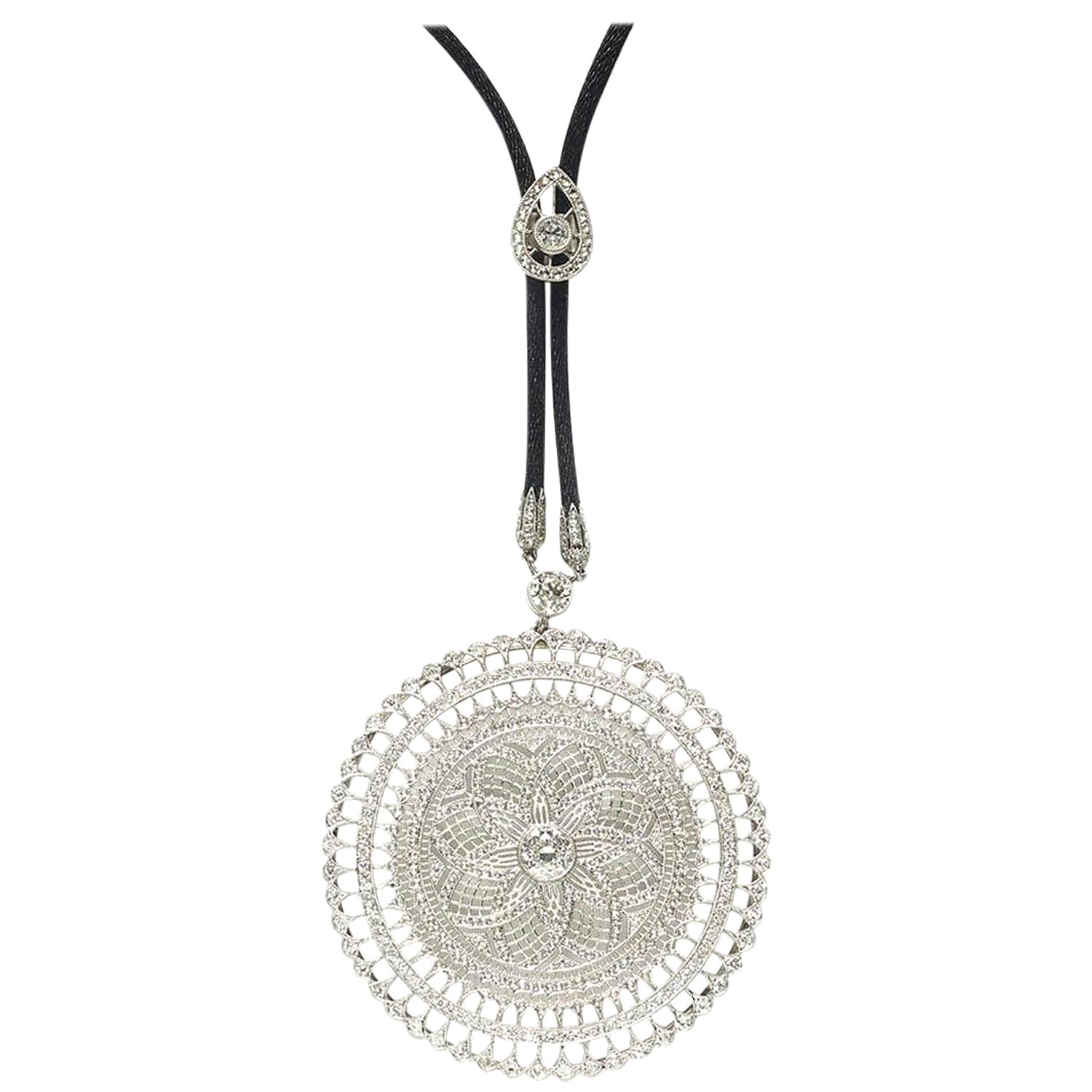 Modern Mandala Diamond and Platinum Pendant on Black Cord For Sale