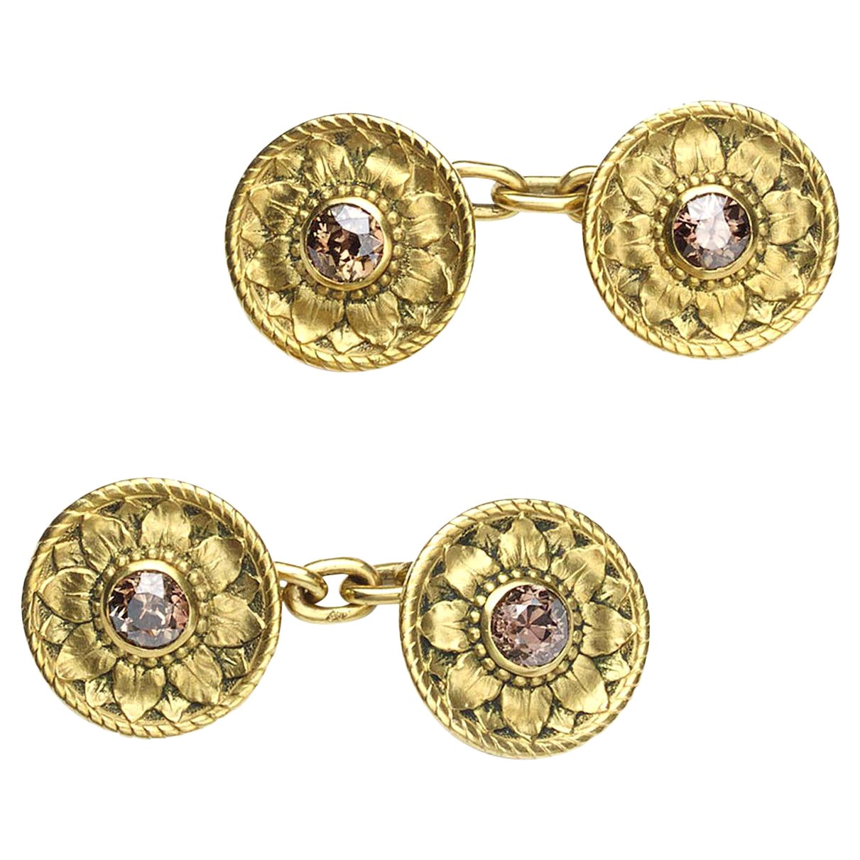 Desbazeille Art Nouveau Champagne Diamond and Gold Cufflinks, Circa 1895