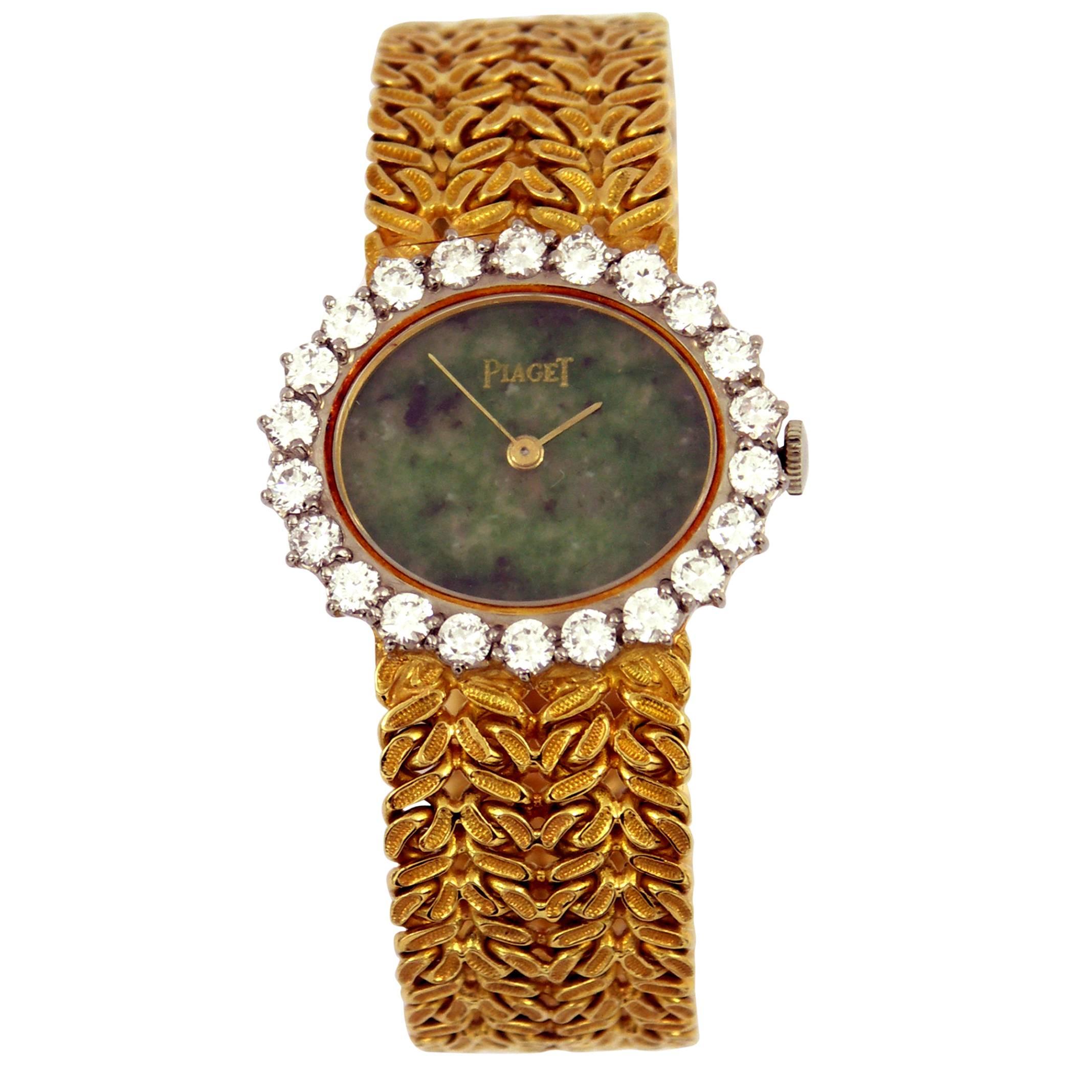 Piaget Lady's Yellow Gold Diamond Bezel Oval Jade Dial Wristwatch