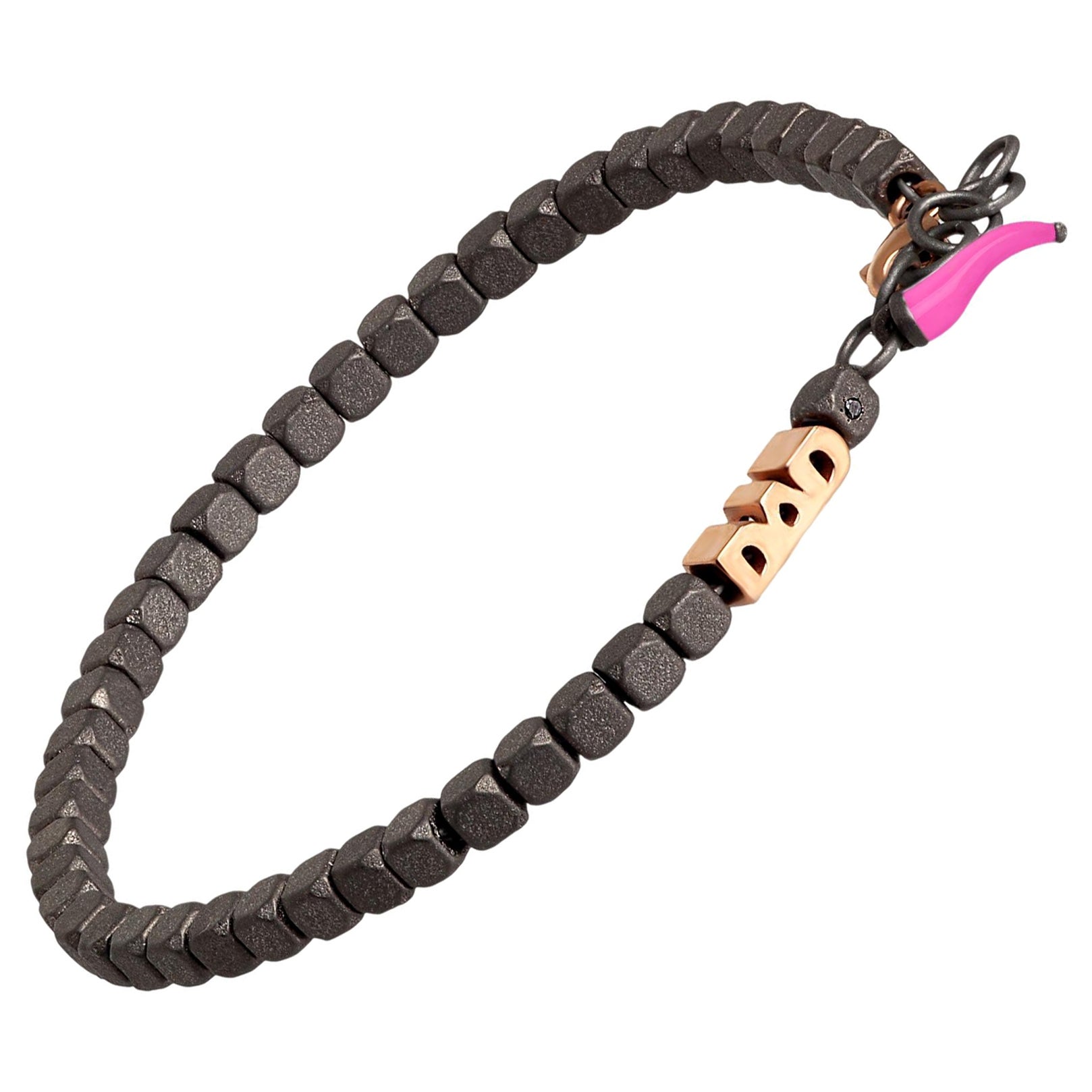 Men's Titanium Bracelet, Cuby Line, Dad in 9Kt Red Gold and Fuchsia Lucky Horn For Sale