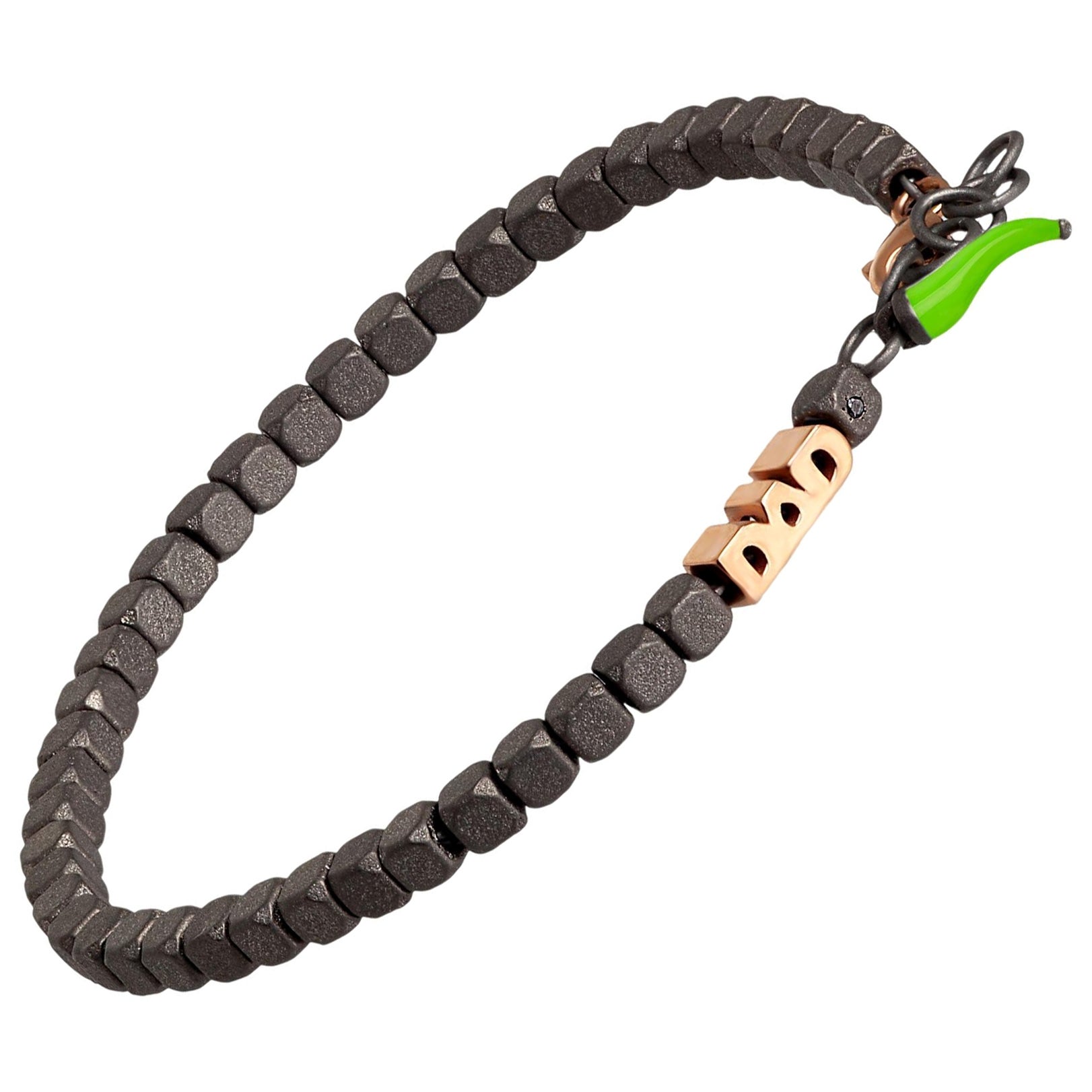 Men's Titanium Bracelet, Cuby Line, Dad in 9KT Red Gold and Lime Lucky Horn For Sale