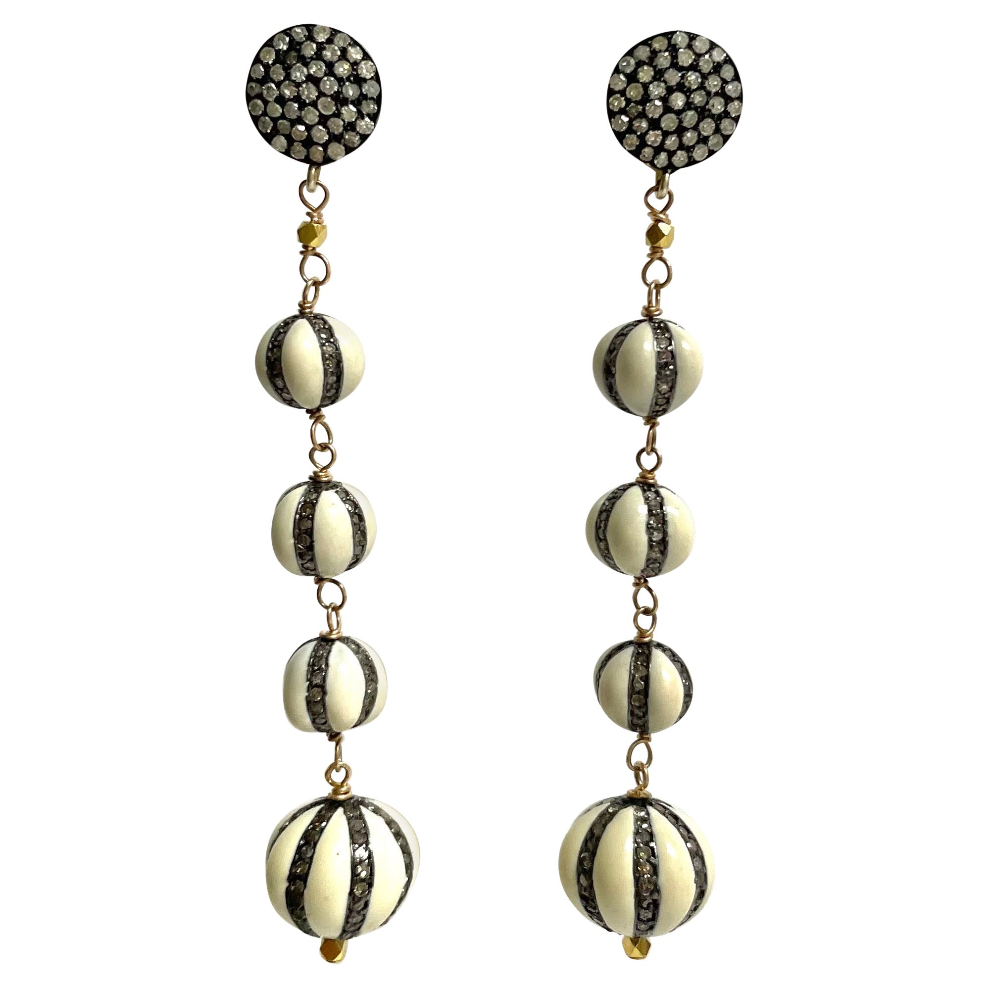 Enamel and Pave Diamond Melon Ball Design Earrings For Sale