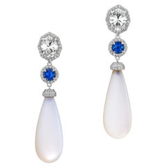 Diamond, Blue Sapphire, Moonstone and Zircon Platinum Dangle Earrings
