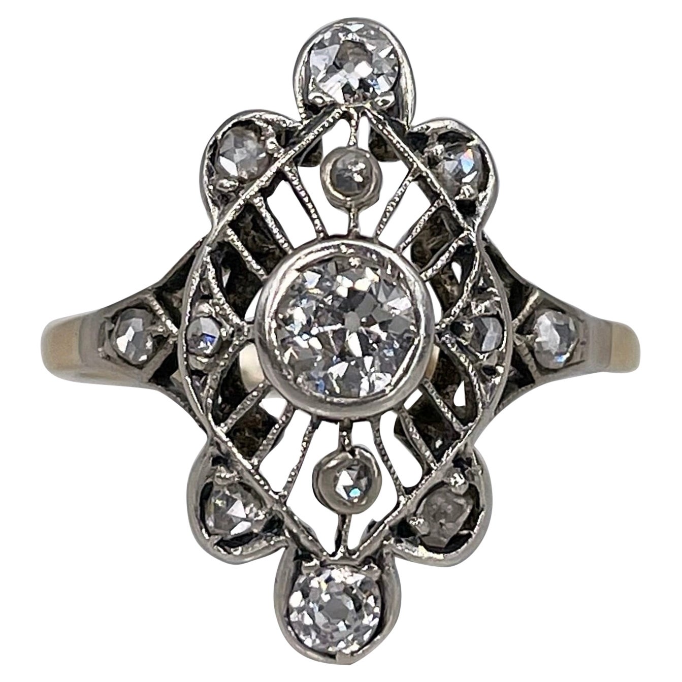Art Deco 14 Karat Gold 0.405 Carat Old Cut Diamond Navette Openwork Ring