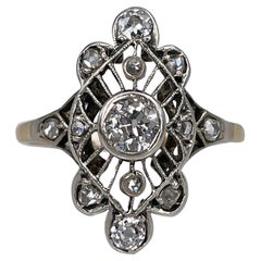 Antique Art Deco 14 Karat Gold 0.405 Carat Old Cut Diamond Navette Openwork Ring