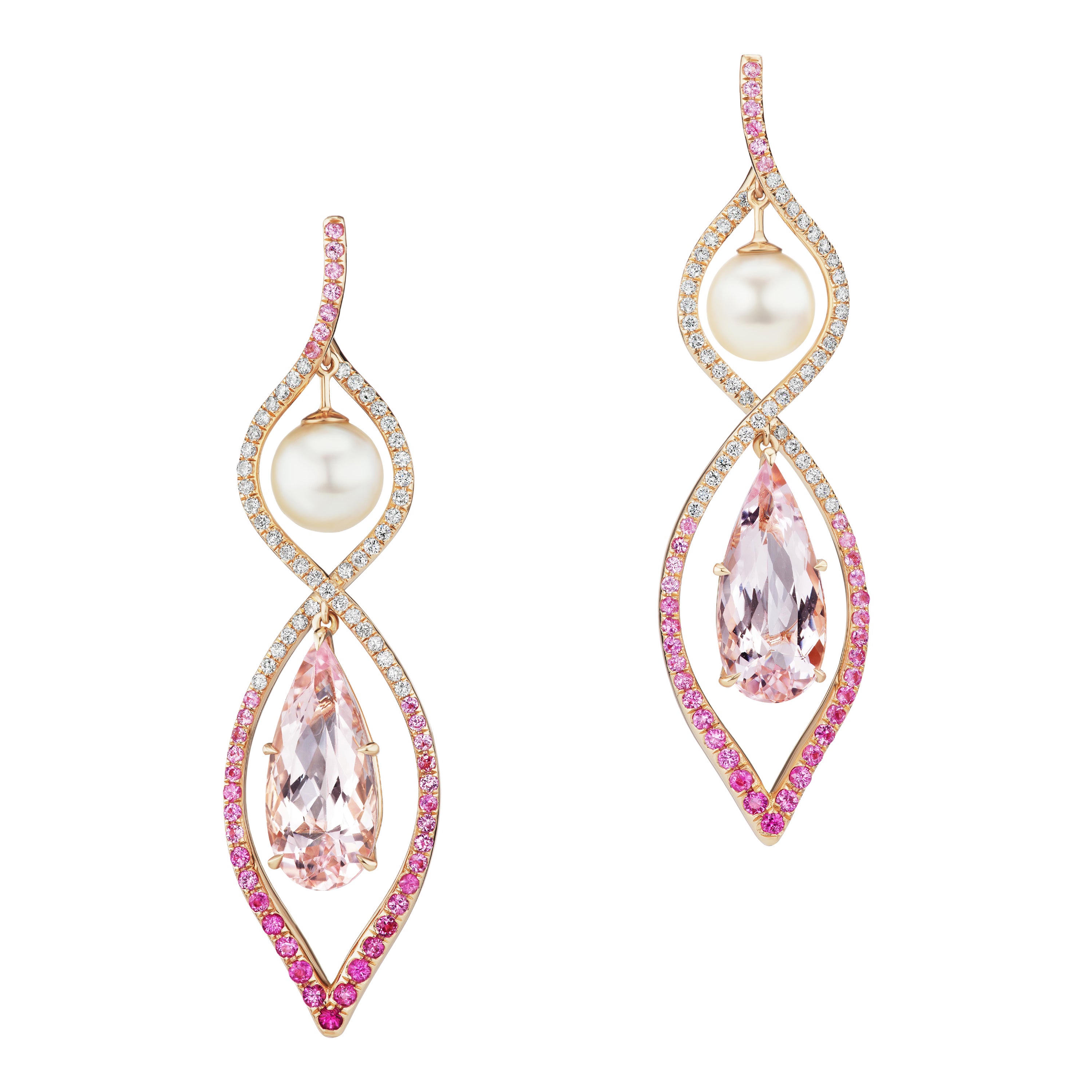 Akoya Pearl, Morganite, Pink Sapphire and Diamond 18k Rose Gold Dangle Earrings For Sale