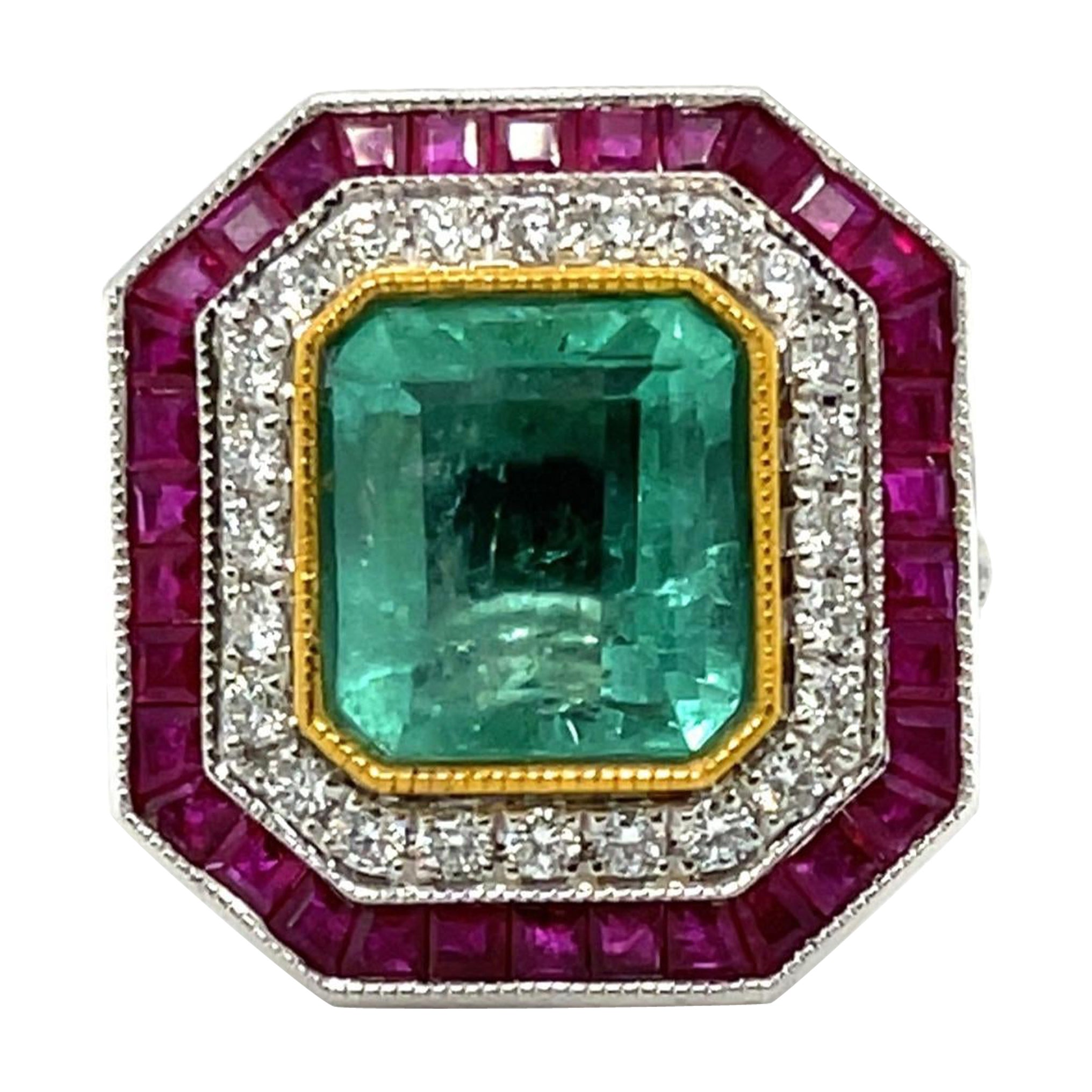 Platinum, Emerald, Ruby and Diamond Cocktail Ring For Sale