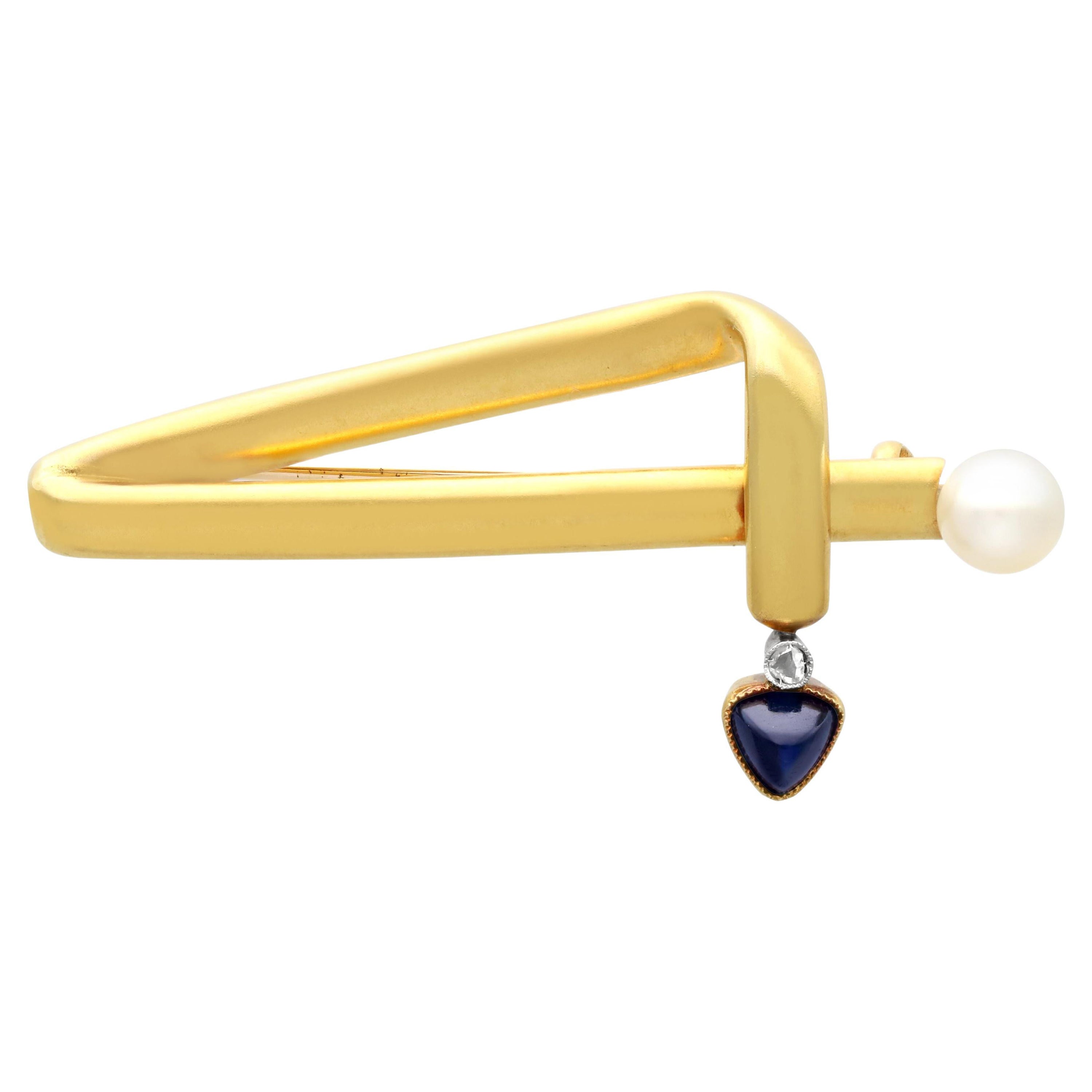 Antique 0.62 Carat Sapphire Diamond and Pearl Yellow Gold Brooch For Sale