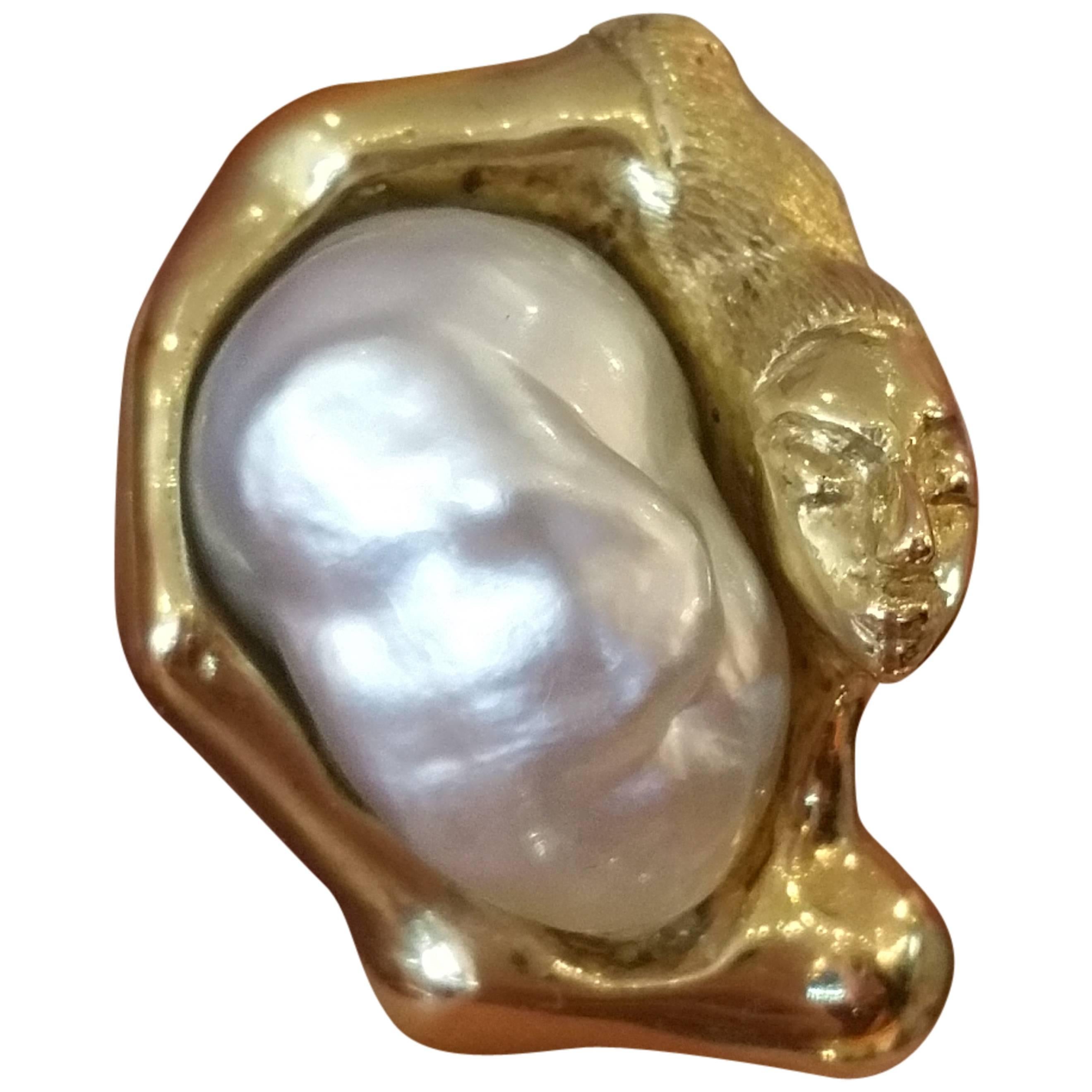 Sculpted Woman Baroque Pearl Gold Ring  For Sale