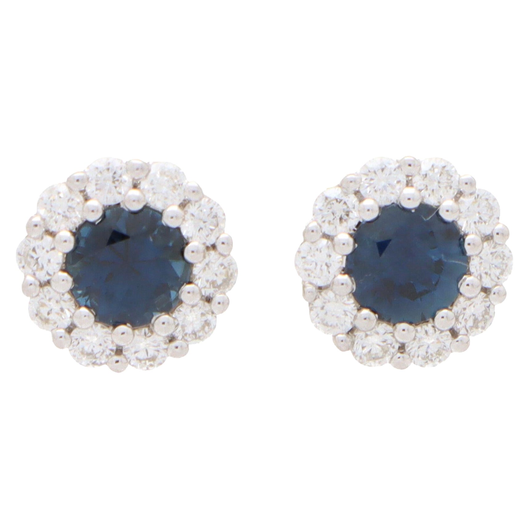 Round Sapphire and Diamond Cluster Earrings Set in 18k White Gold For Sale