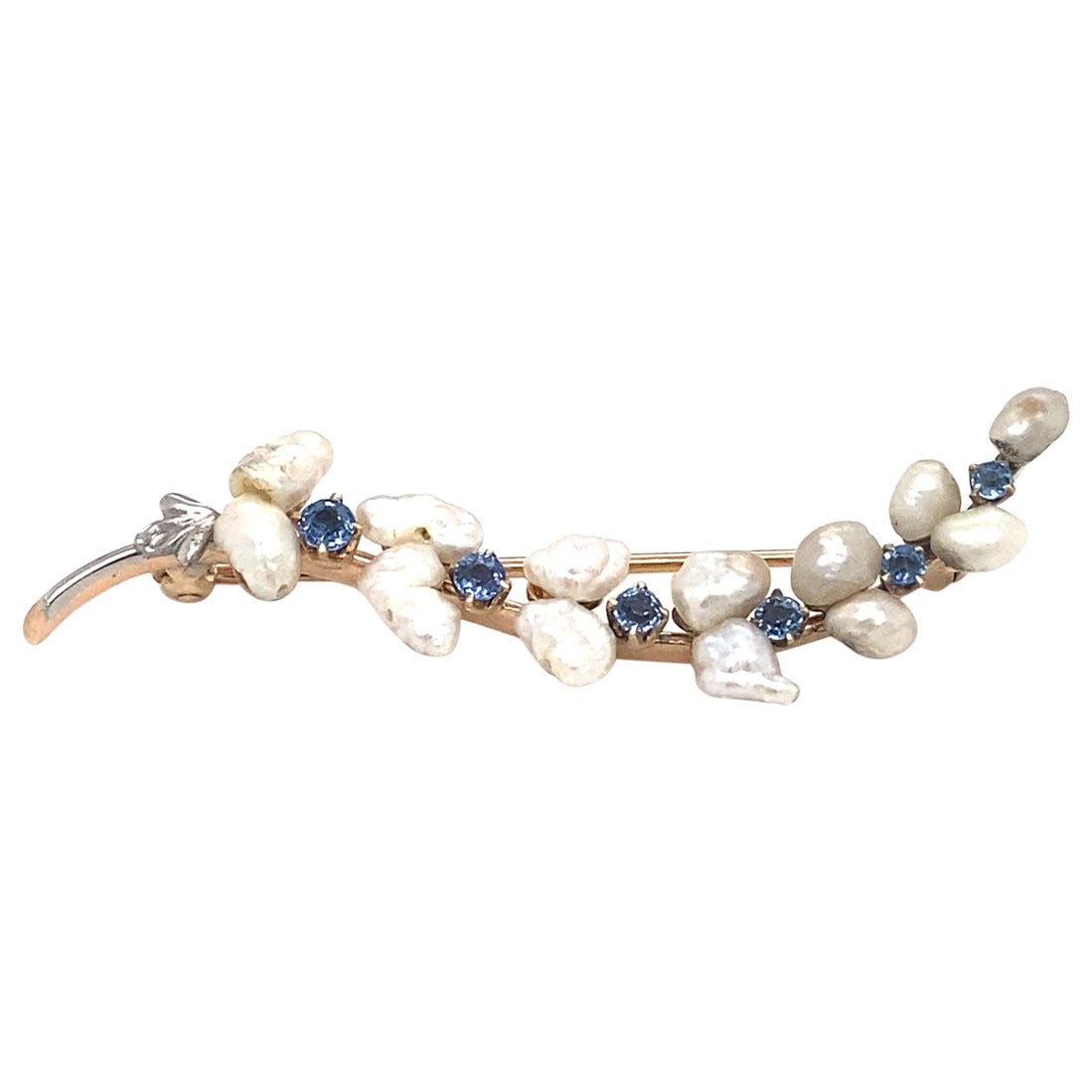 Circa 1890s Victorian Natural Pearl and Sapphire Brooch in 14 Karat Gold