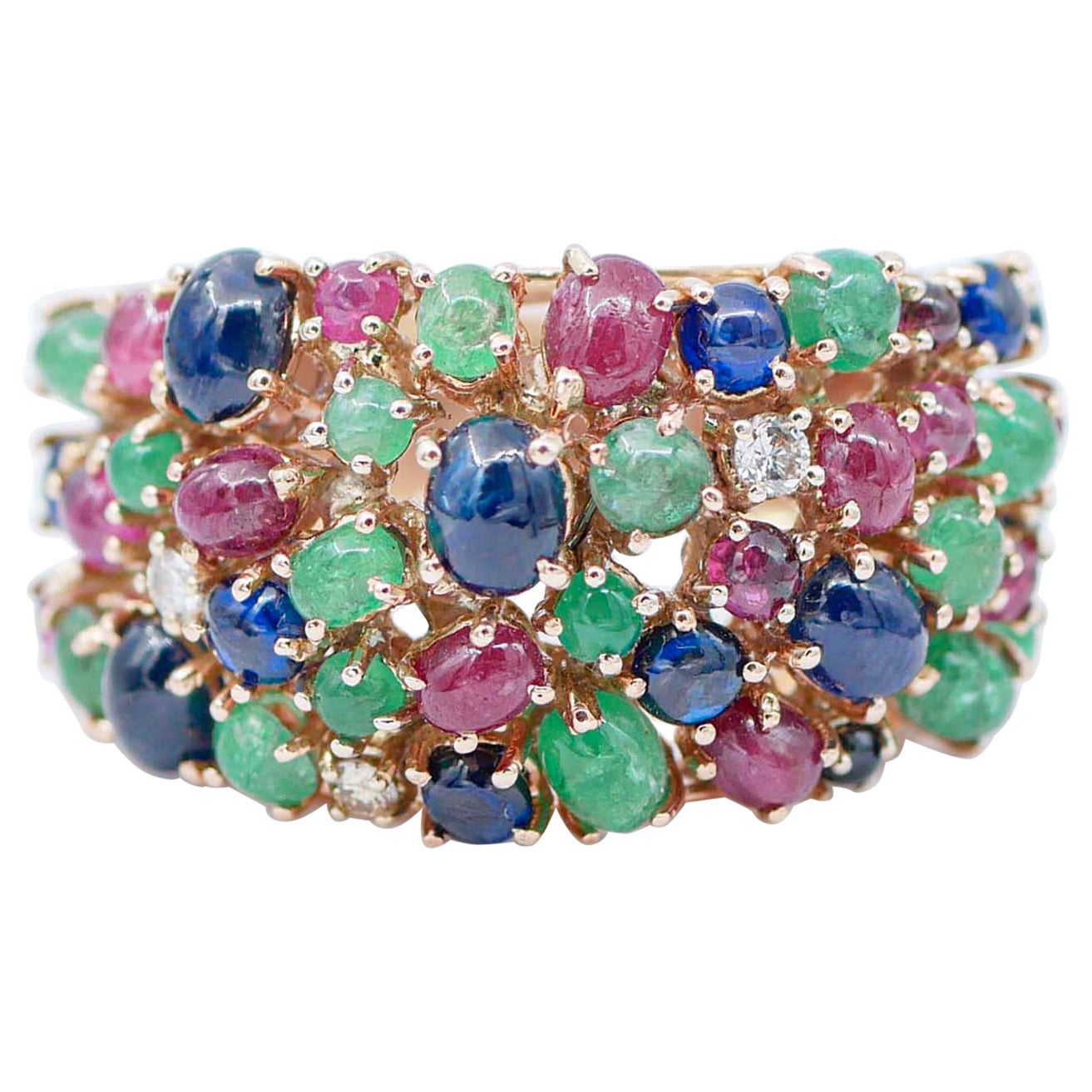 Emeralds, Rubies, Sapphires, Diamonds, 14 Karat Rose Gold Ring For Sale