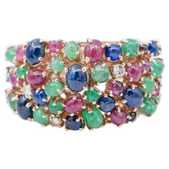 Retro Emeralds, Rubies, Sapphires, Diamonds, 14 Karat Rose Gold Ring
