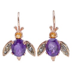 Amethysts, Topazs, Diamonds, Rose Gold and Silver Fly-Shape Earrings