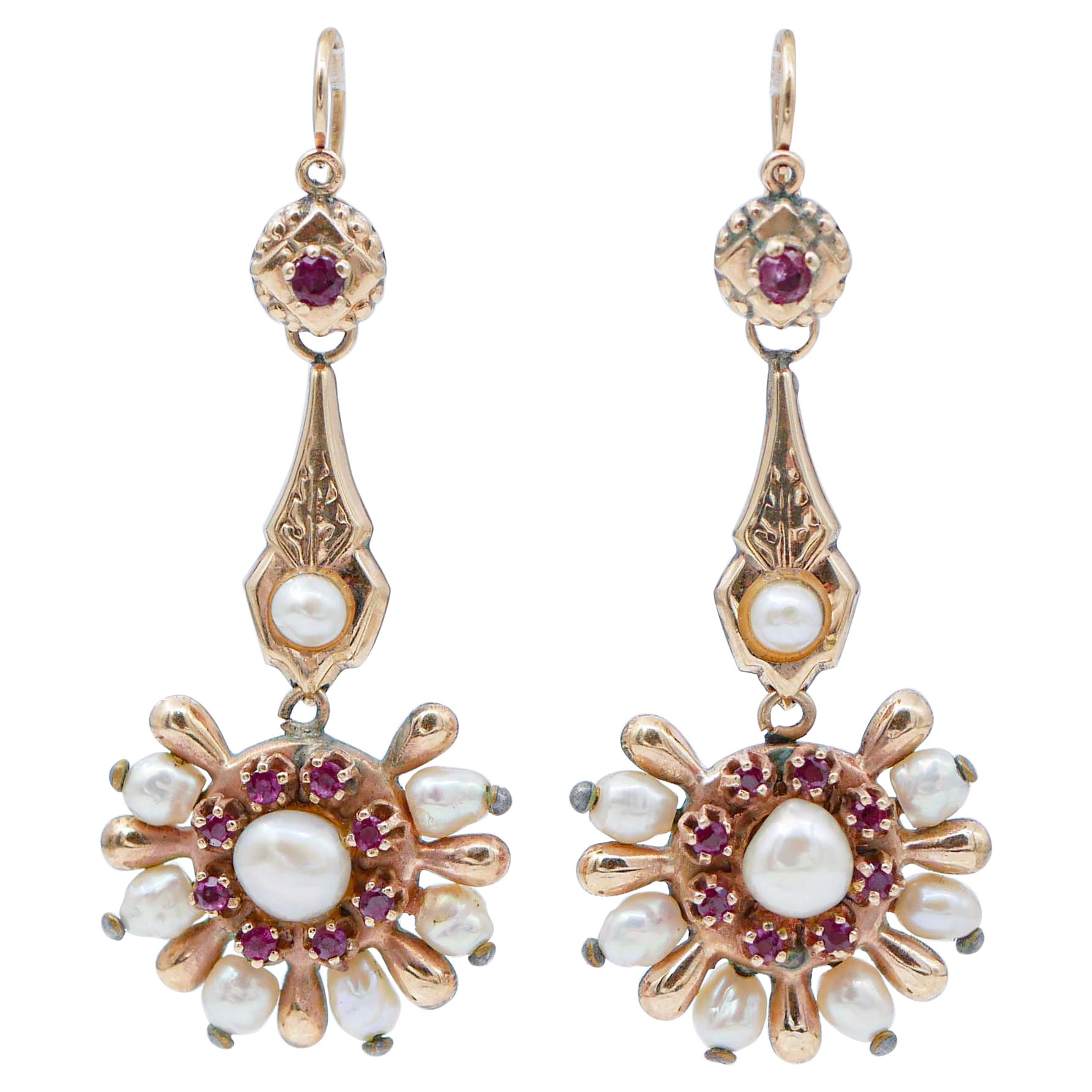 Rubies, Pearls, Rose Gold Retrò Earrings.