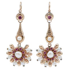 Vintage Rubies, Pearls, Rose Gold Retrò Earrings.