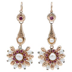Rubíes, Perlas, Pendientes de Oro Rosa Retrò.