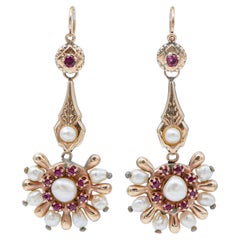 Rubies, Pearls, Rose Gold Retrò Earrings.