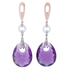 Amethysts, Pink Coral, Diamonds, White Stones, Platinum Dangle Earrings