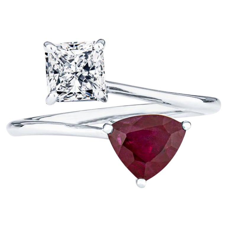 1.00 Carat Radiant Cut Diamond & 1.16 Trillion Cut Ruby Toi et Moi Ring