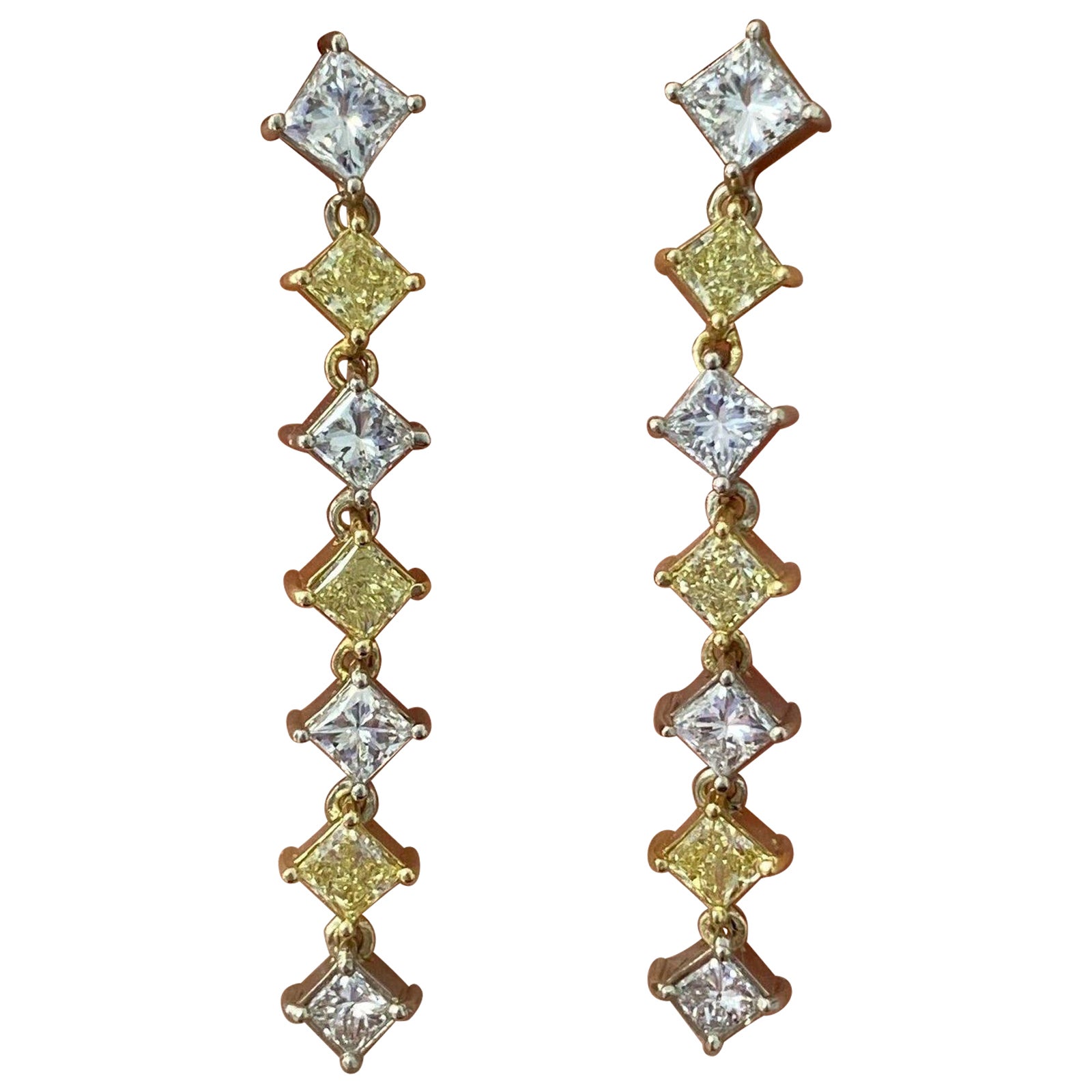 14k 2 Tone Fancy Yellow and White Diamond Dangle Earrings 2.57cts