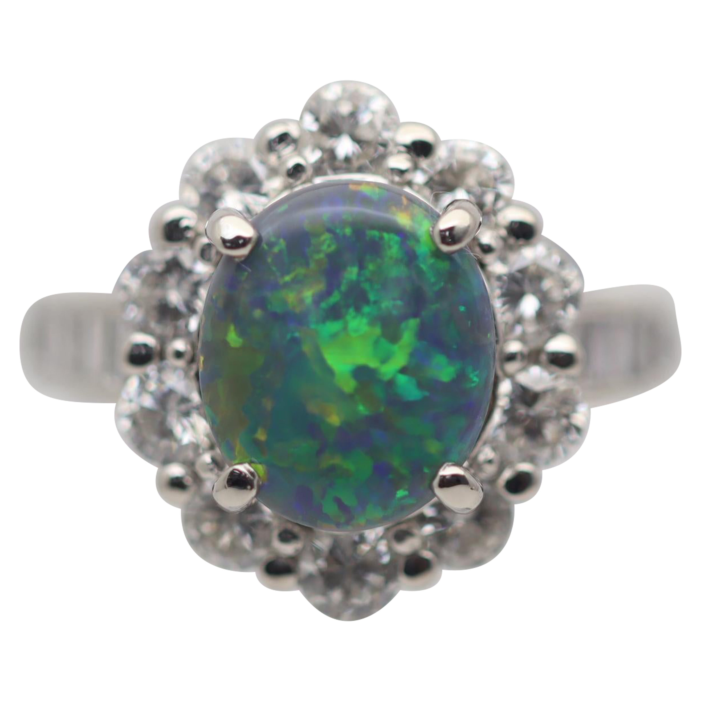 Australian Black Opal Diamond Platinum Ring For Sale