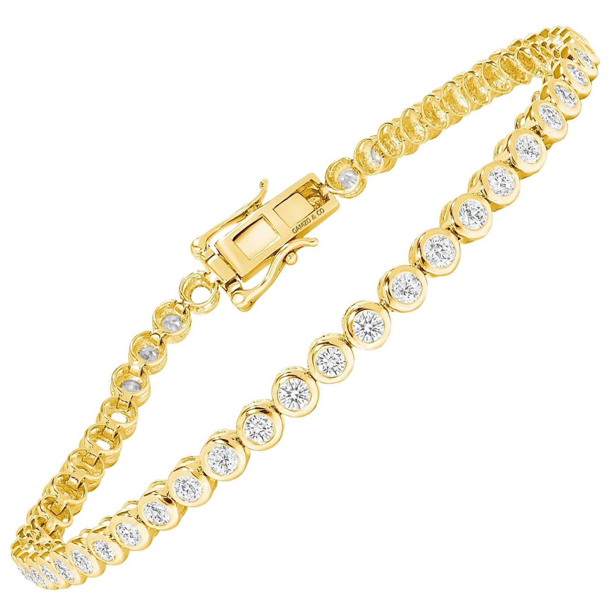 Bracelet tennis en or jaune 14 carats avec diamants ronds de 3 carats à monture illusion en vente