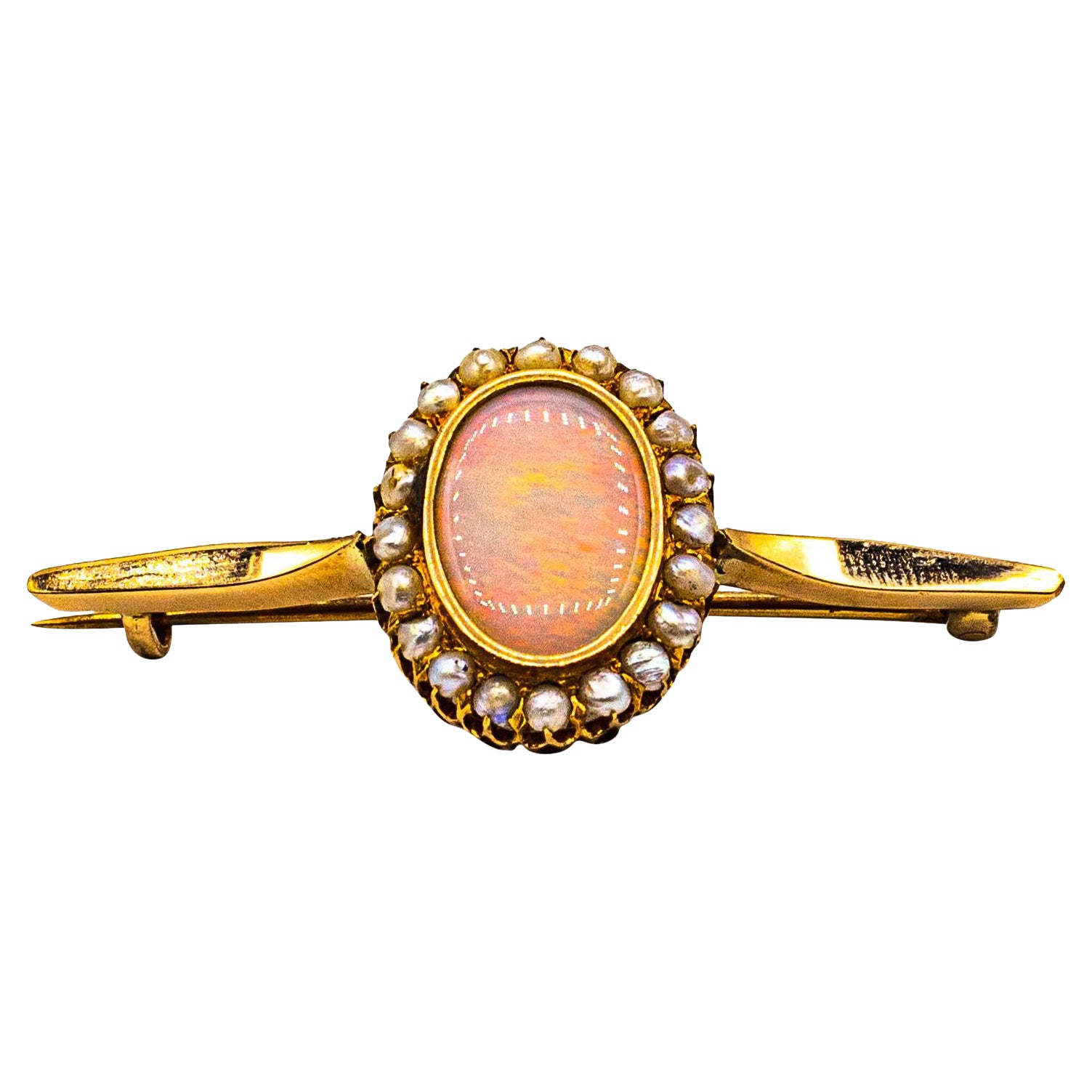 Art Deco Style Handcrafted 6.30 Carat Oval Cut Opal Pearl Yellow Gold Brooch