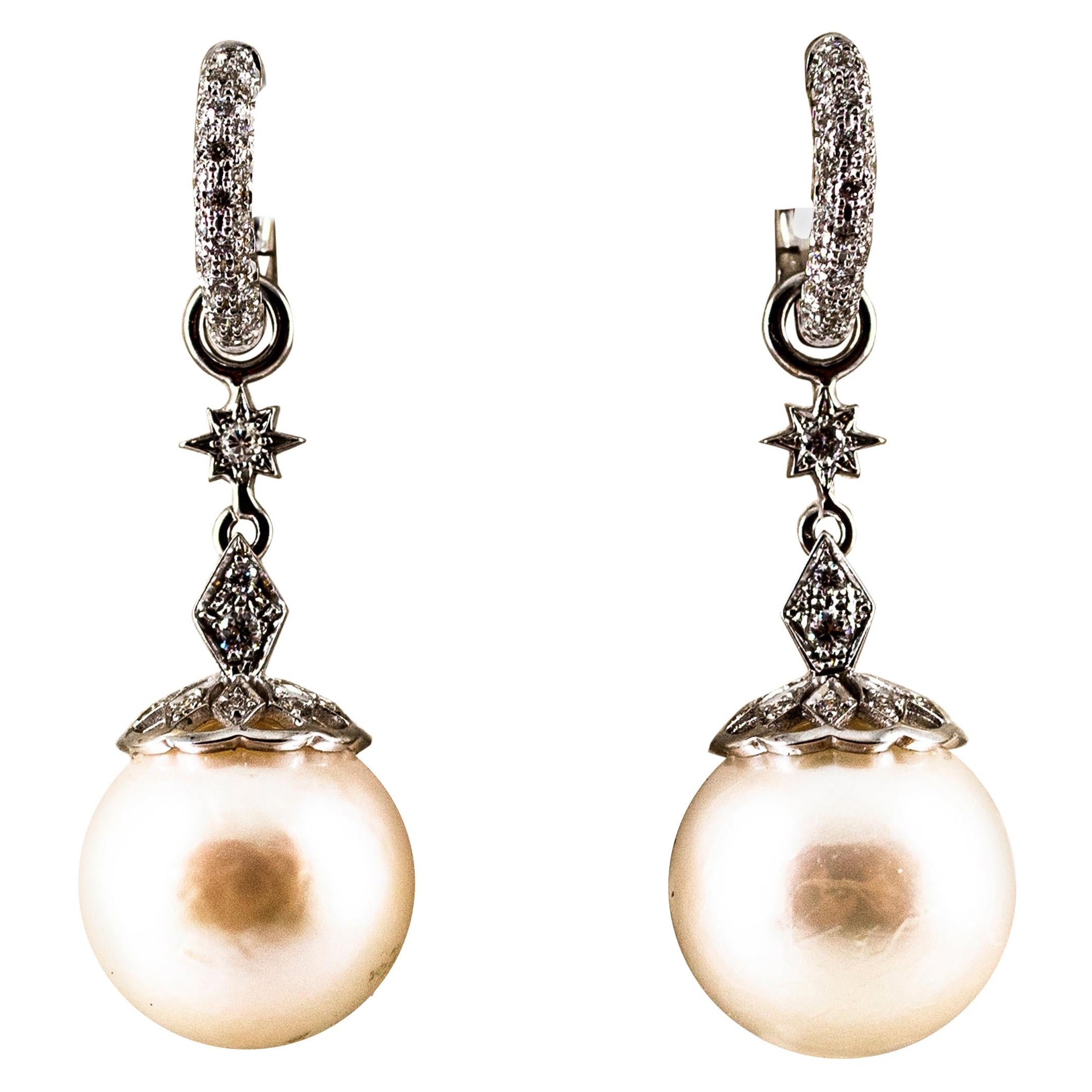 Art Deco Style 0.60 Carat White Modern Round Diamond Pearl White Gold Earrings For Sale