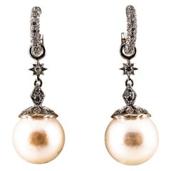 Art Deco Style 0.60 Carat White Modern Round Diamond Pearl White Gold Earrings