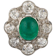 2.20 Carats Diamonds and 2 Carats Emerald French Antique Ring