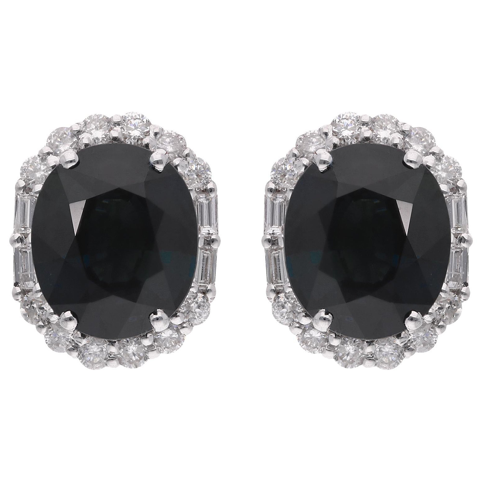 Blue Sapphire Gemstone Stud Earrings Baguette Diamond 18 Kt White Gold Jewelry