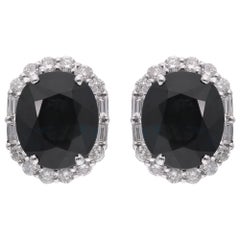 Blue Sapphire Gemstone Stud Earrings Baguette Diamond 18 Kt White Gold Jewelry