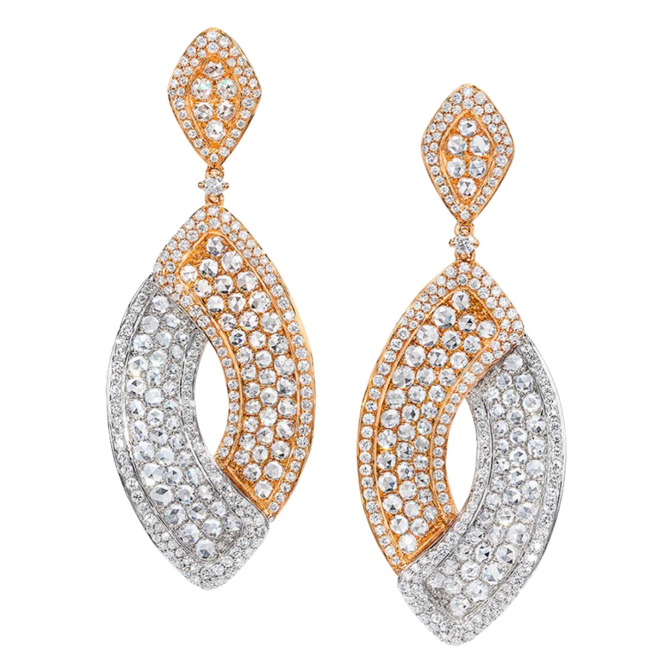Boucles d'oreilles pendantes en or rose et blanc 18KT avec 6,24 cts de diamants brillants et taille rose