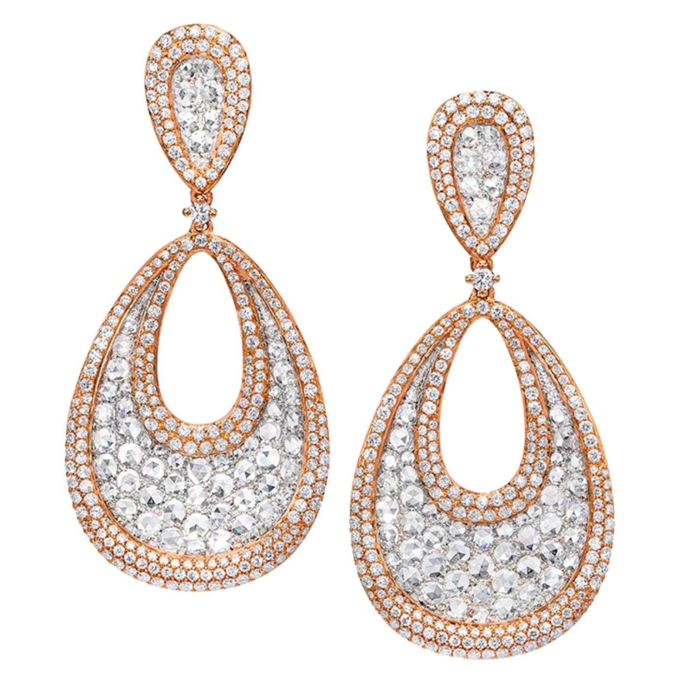 Boucles d'oreilles en or rose et blanc 18KT avec 5,65 Cts. Diamants taille brillant et taille rose en vente