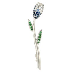 18KT White Gold Tulip Brooch with Diamonds, Blue Sapphires & Tsavorites