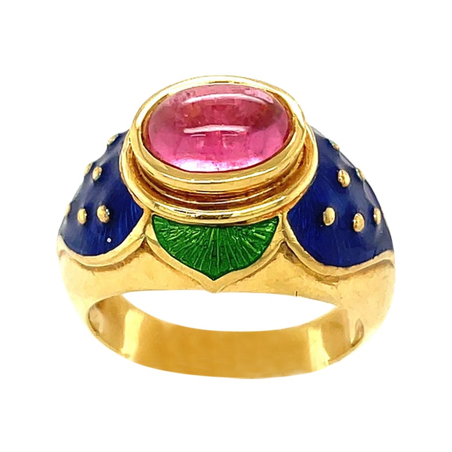Cellini 18KT YG Ring mit rosa Turmalin im Cabochon-Schliff in der Mitte und blauer & grüner Emaille