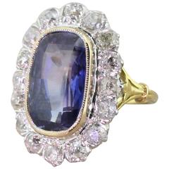  6.90 Carat Natural Ceylon Sapphire Old Cut Diamond Gold Platinum Ring