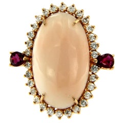 Retro Peau D'ange Coral Diamond Ruby Gold Cocktail Ring