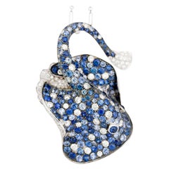Jewelry Ray Fish White Diamond Blue Sapphire 18kt Gold Brooch Pendant / Necklace