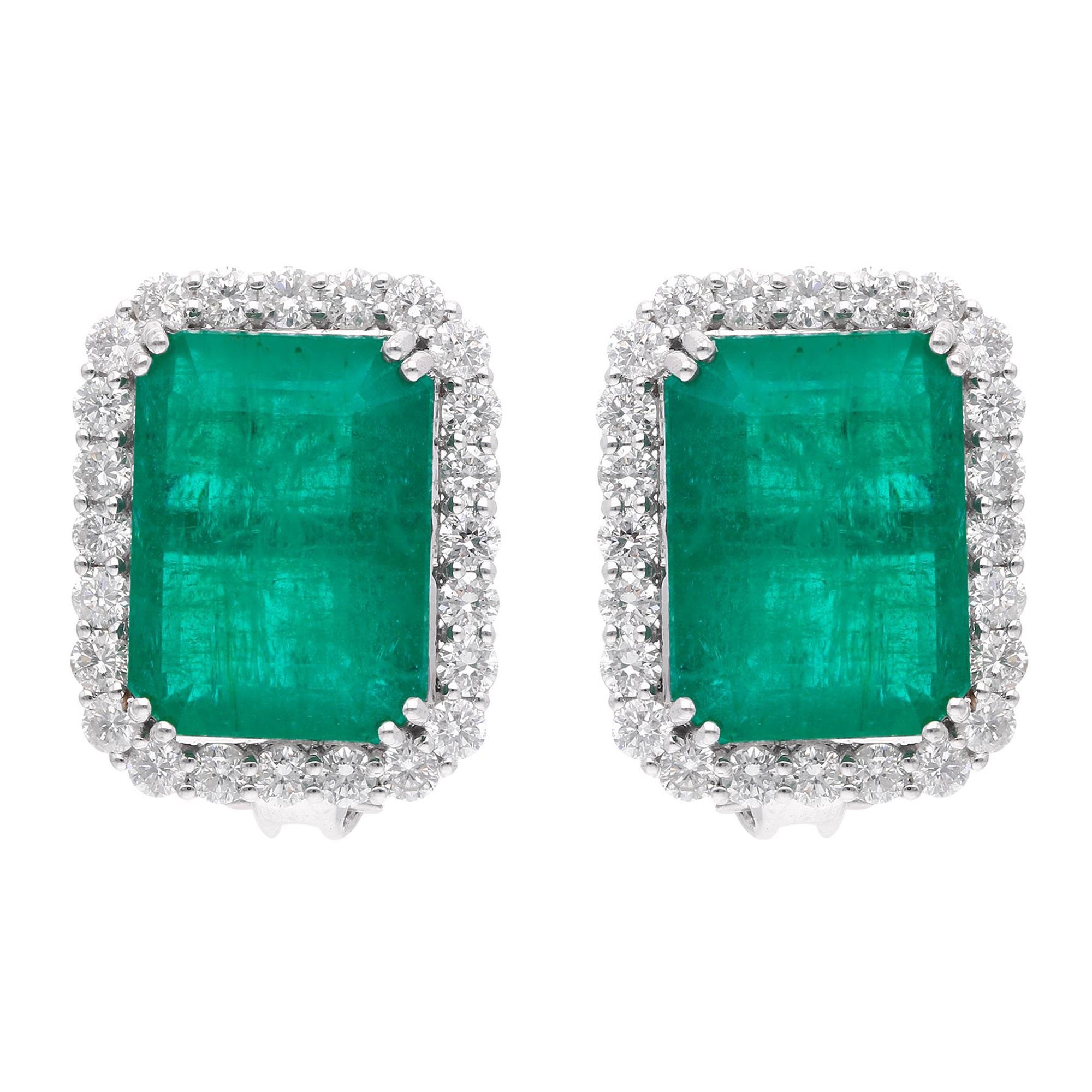 Natural Emerald Gemstone Stud Earrings Diamond 18 Karat White Gold Fine Jewelry