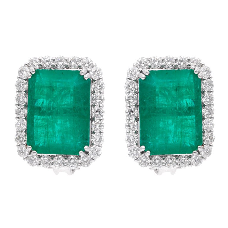 Natural Emerald Gemstone Stud Earrings Diamond 18 Karat White Gold Fine ...