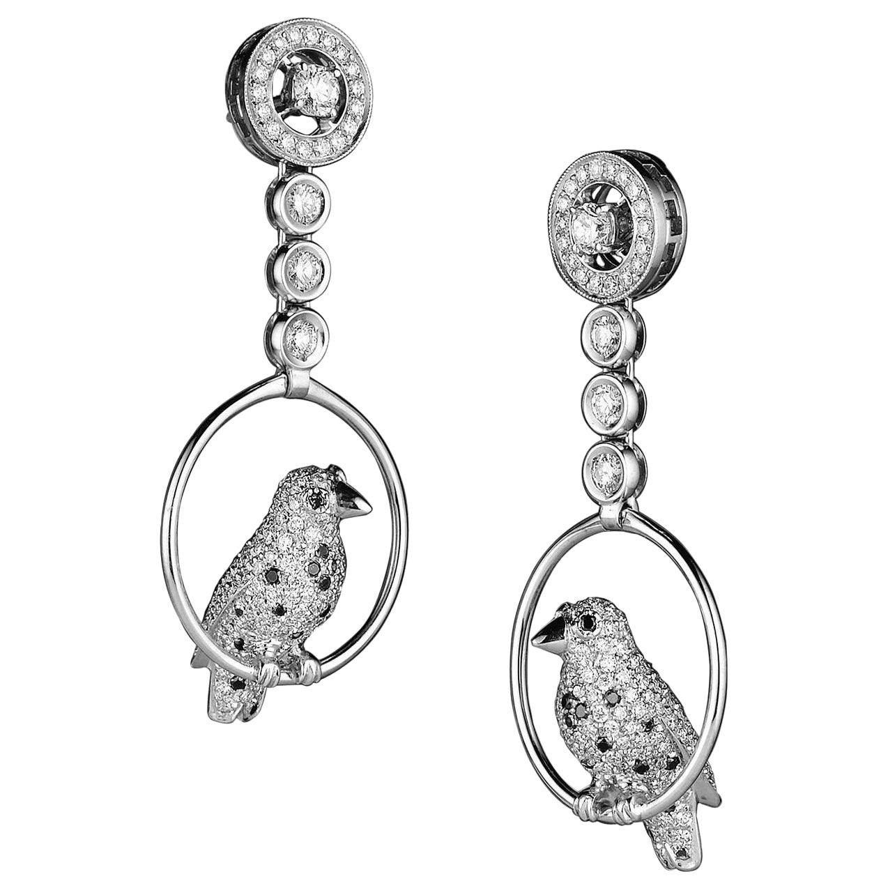 Jewelry Bird White Black Diamond 18 Karat White Gold Drop Earrings Made in Italy For Sale