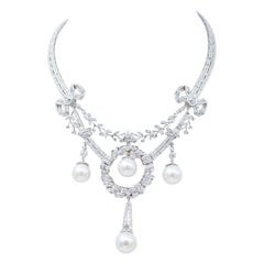 Pearls, Diamonds, 14 Karat White Gold Necklace