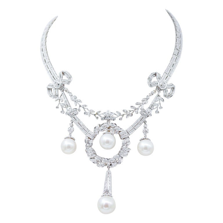 Pearls, Diamonds, 14 Karat White Gold Necklace at 1stDibs