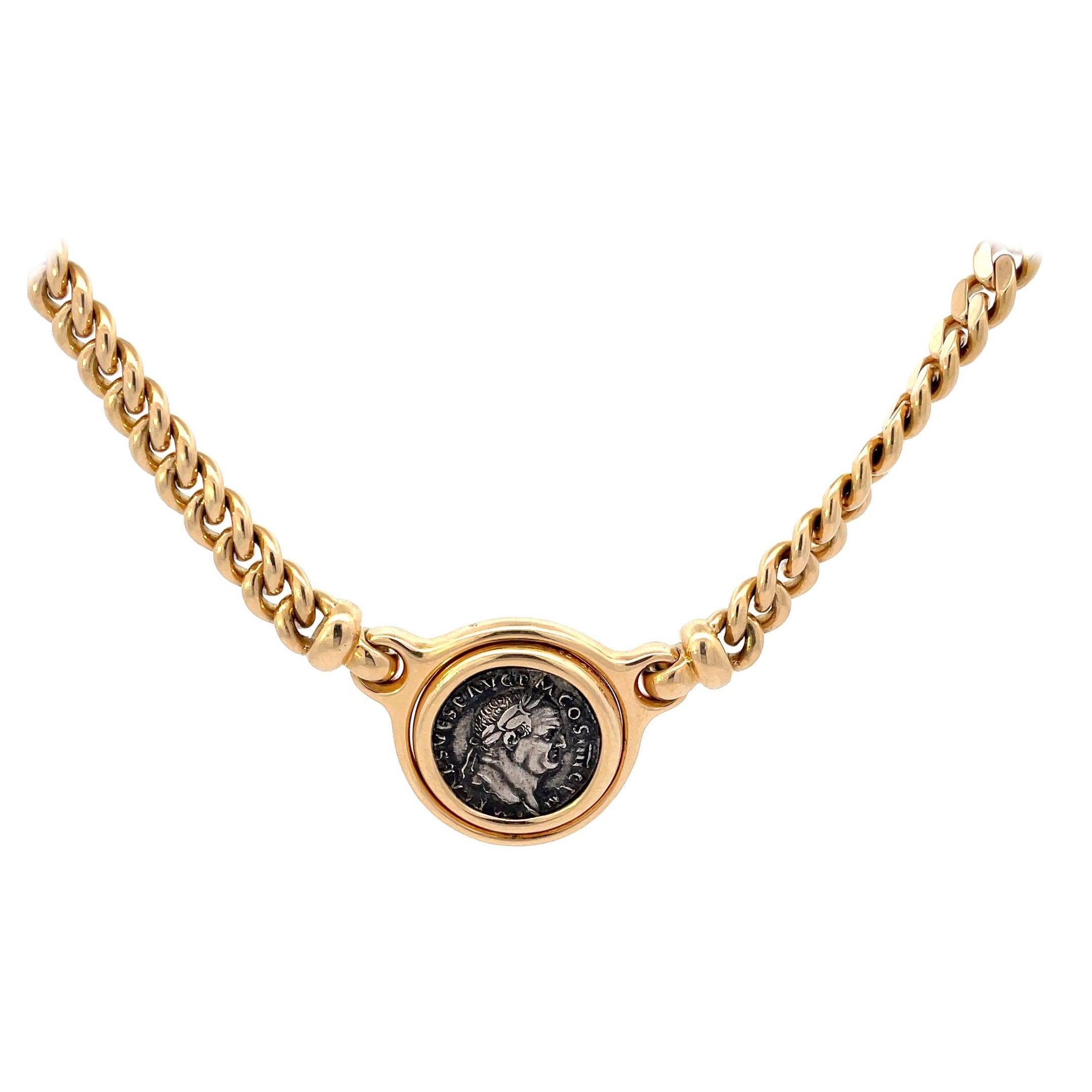 Vintage Bulgari "Flip" Double Coin Necklace Ancient Monete 18kt Gold Chain