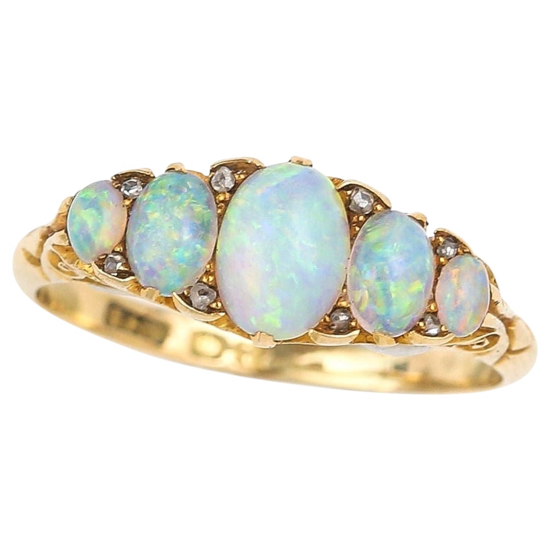 Edwardian 18ct Gold Five Stone Precious Opal and Diamond Ring, Circa 1910