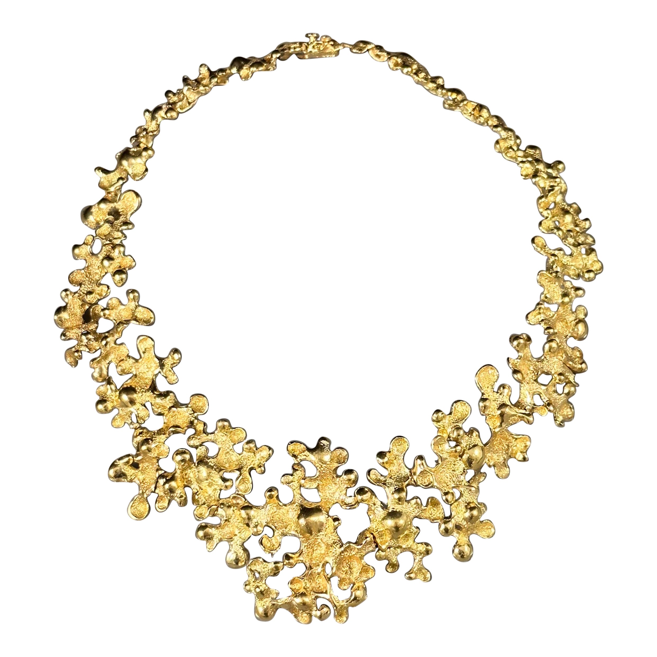 Gilbert Albert Vintage Floral Botryoidal Openwork Bib Necklace Yellow Gold 1970s For Sale