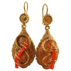 Antique 1890 Victorian Knot Coral Branch Dangle Earrings