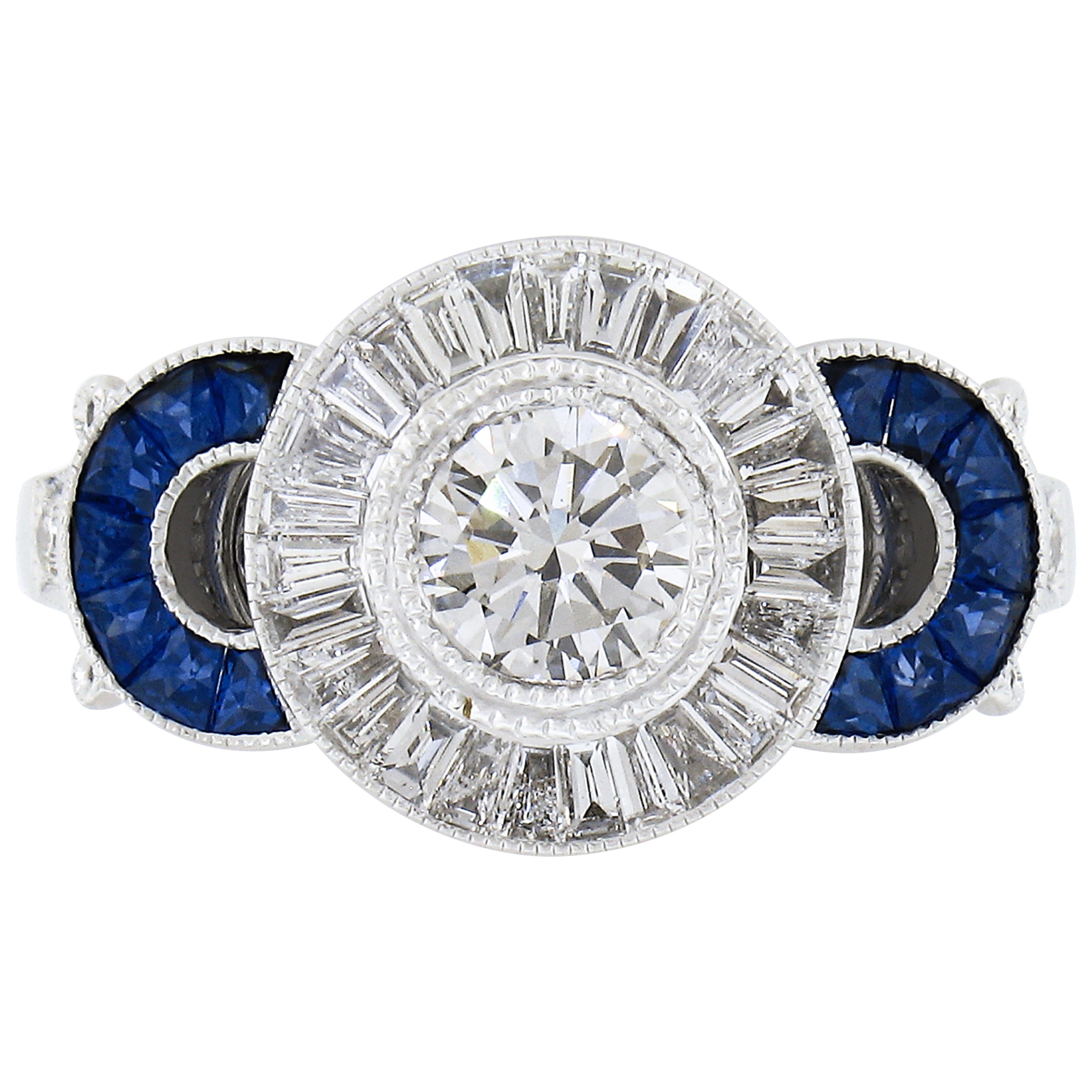 New 18k Gold 1.66ct GIA Round Diamond Baguette Halo Sapphire Bezel Milgrain Ring For Sale